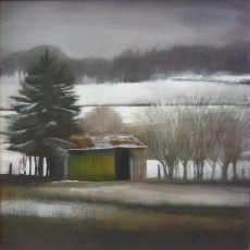 'Chicken Shed' mixed media  on board 18x18cm SOLD